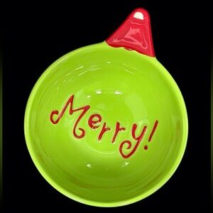 Real Home Cheerful Holiday “Merry” Dip Ornament Bowl with Red Accent EUC